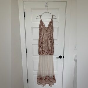 Rose Gold Maxi Dress with Sequins and Sheer Mesh